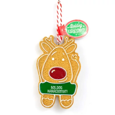 Mézeskalács Figurád: Rénszarvas Alakú Karácsonyfadísz: Boldog Karácsonyt!