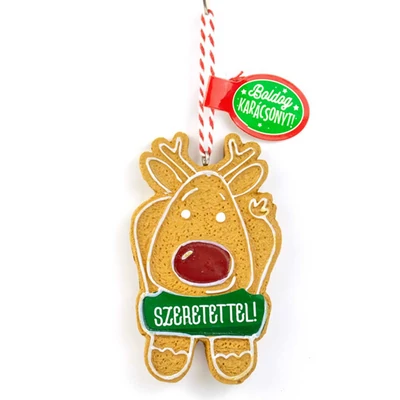 Mézeskalács Figurád: Rénszarvas Alakú Karácsonyfadísz: Szeretettel!