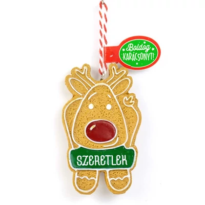 Mézeskalács Figurád: Rénszarvas Alakú Karácsonyfadísz: Szeretlek