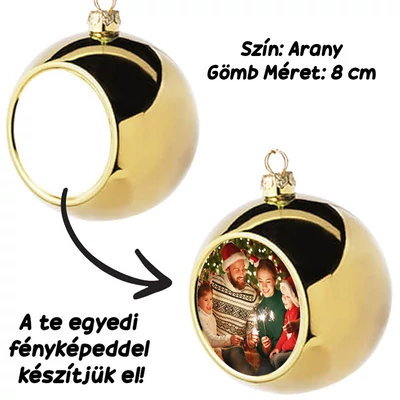 Saját Fényképes Gömb Karácsonyfadísz - Arany - 8 cm