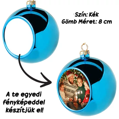 Saját Fényképes Gömb Karácsonyfadísz - Kék - 8 cm