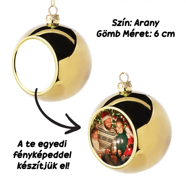 Saját Fényképes Gömb Karácsonyfadísz - Arany - 6 cm
