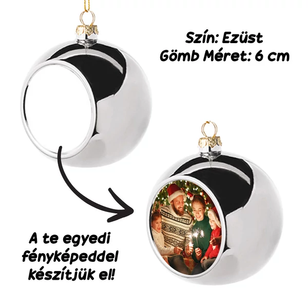 Saját Fényképes Gömb Karácsonyfadísz - Ezüst - 6 cm