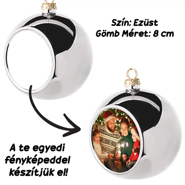 Saját Fényképes Gömb Karácsonyfadísz - Ezüst - 8 cm